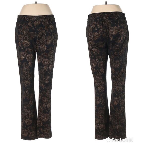 RALPH LAUREN Floral Print Sateen Pant Tapered Slim Leg Cotton Black Gold Size 8 - Picture 1 of 11